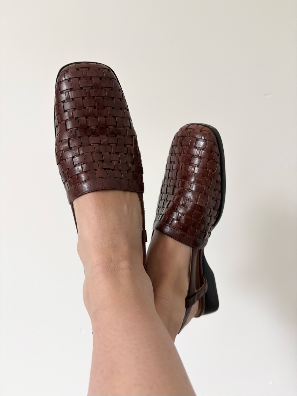 Laura Scott Deep Brown Leather Basket Weaver Square Toe Mary Jane Sandals 6.5